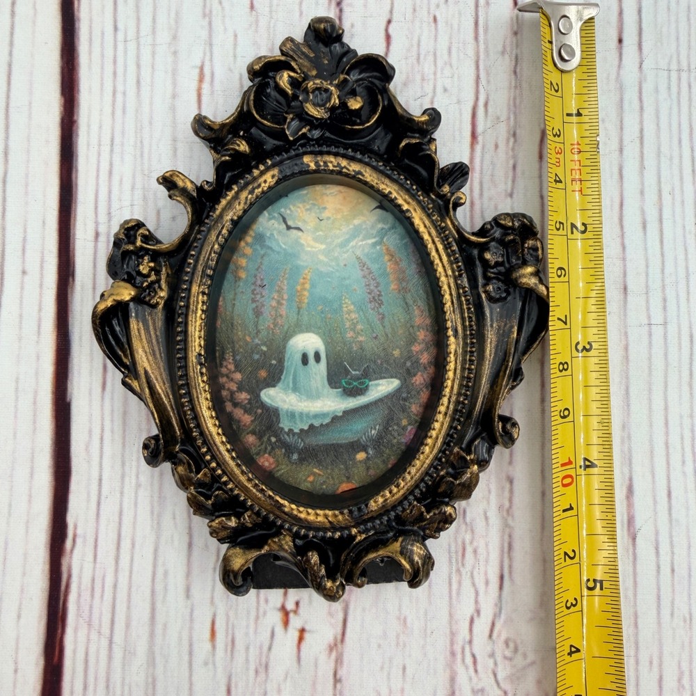 Ghost in Bathtub Art Print Ornate Black Gold Resin Frame Whimsigoth Decor 5.25in - Picture 4 of 6